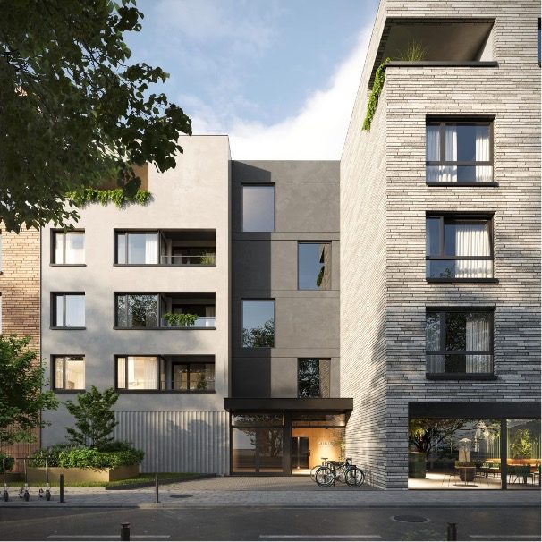 Wizualizacji elewacji frontowej budynku