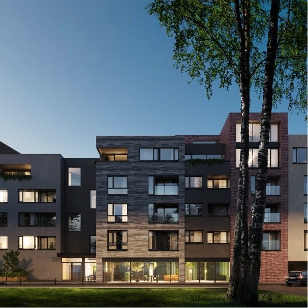 Wizualizacji elewacji frontowej budynku