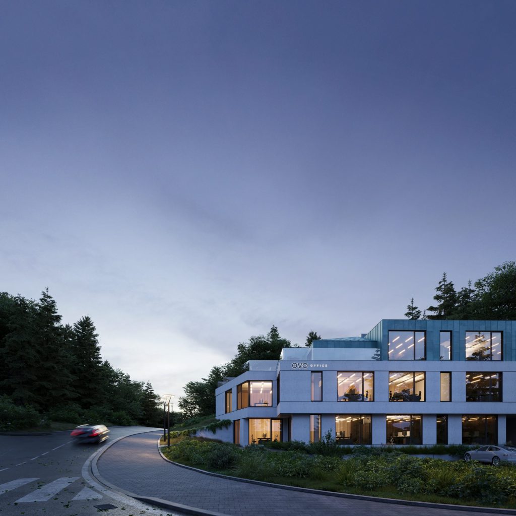 Wizualizacja nowoczesnej fasady biurowca OVO OFFICE.​