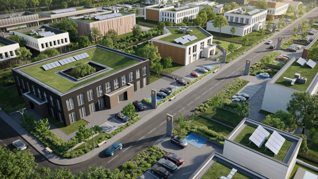 Wizualizacja nowoczesnych budynków usługowo-handlowych w Kostrzyn Biznes Park.