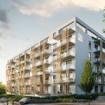 Nowoczesny budynek mieszkalny D9 w Szczecinie – eleganczna architektura, przestronne balkony, przeszklone fasady, zieleń wokół i miejsca parkingowe przed budynkiem – wizualizacja inwestycji deweloperskiej na tle zachodzącego słońca.