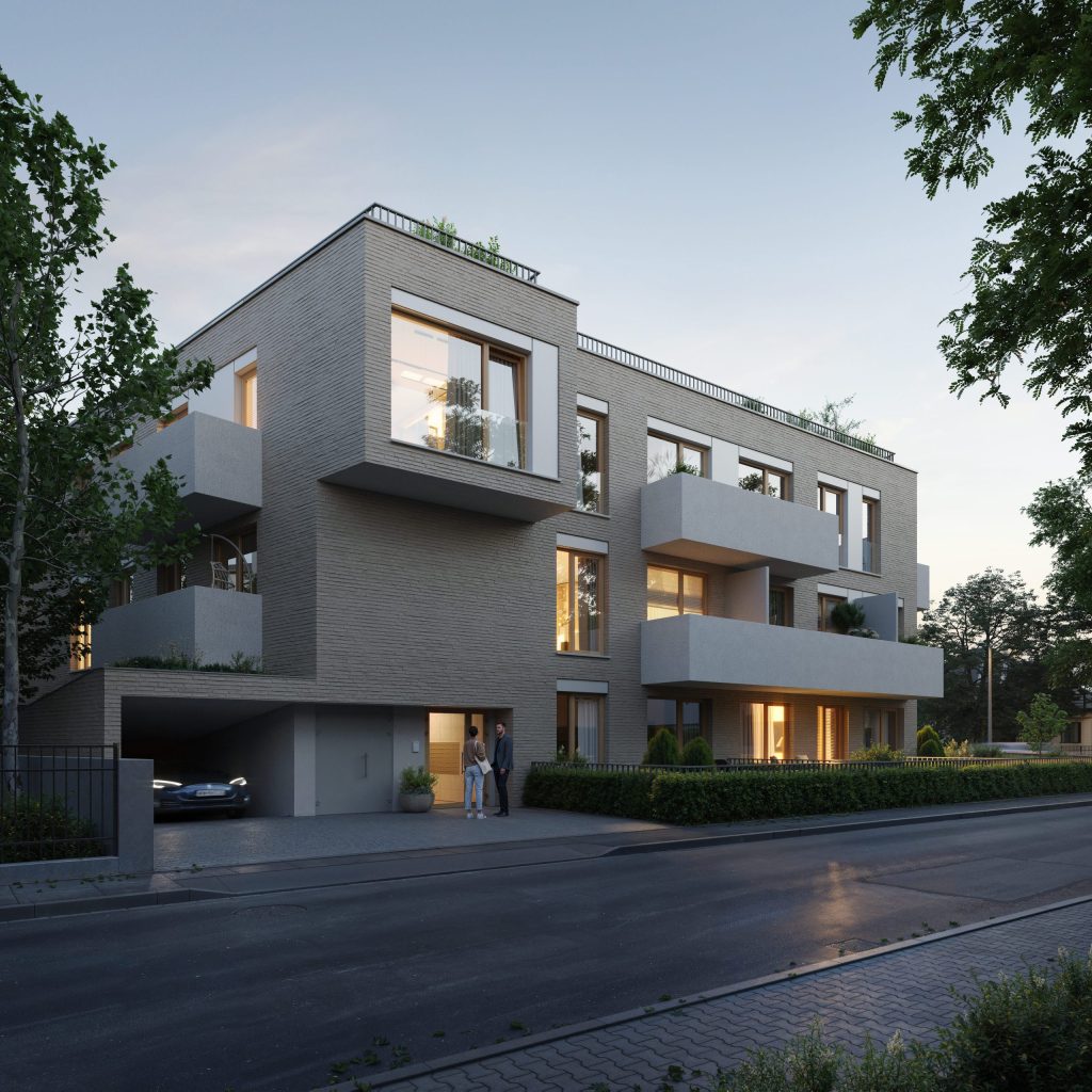 Nowoczesny budynek mieszkalny Paderewskiego 11 w dzielnicy Rembertów w Warszawie – wizualizacja elewacji frontowej z balkonami i wjazdem do garażu podziemnego.