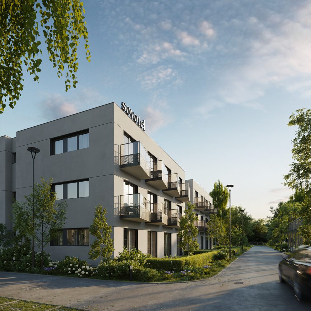 Nowoczesny projekt Sovotel Mosina od Sovo Development - widok zewnętrzny.