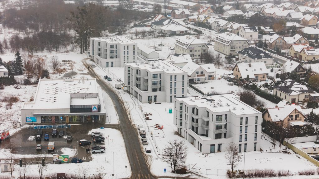 Widok z lotu ptaka na inwestycję Tarasy Rokietnicy.